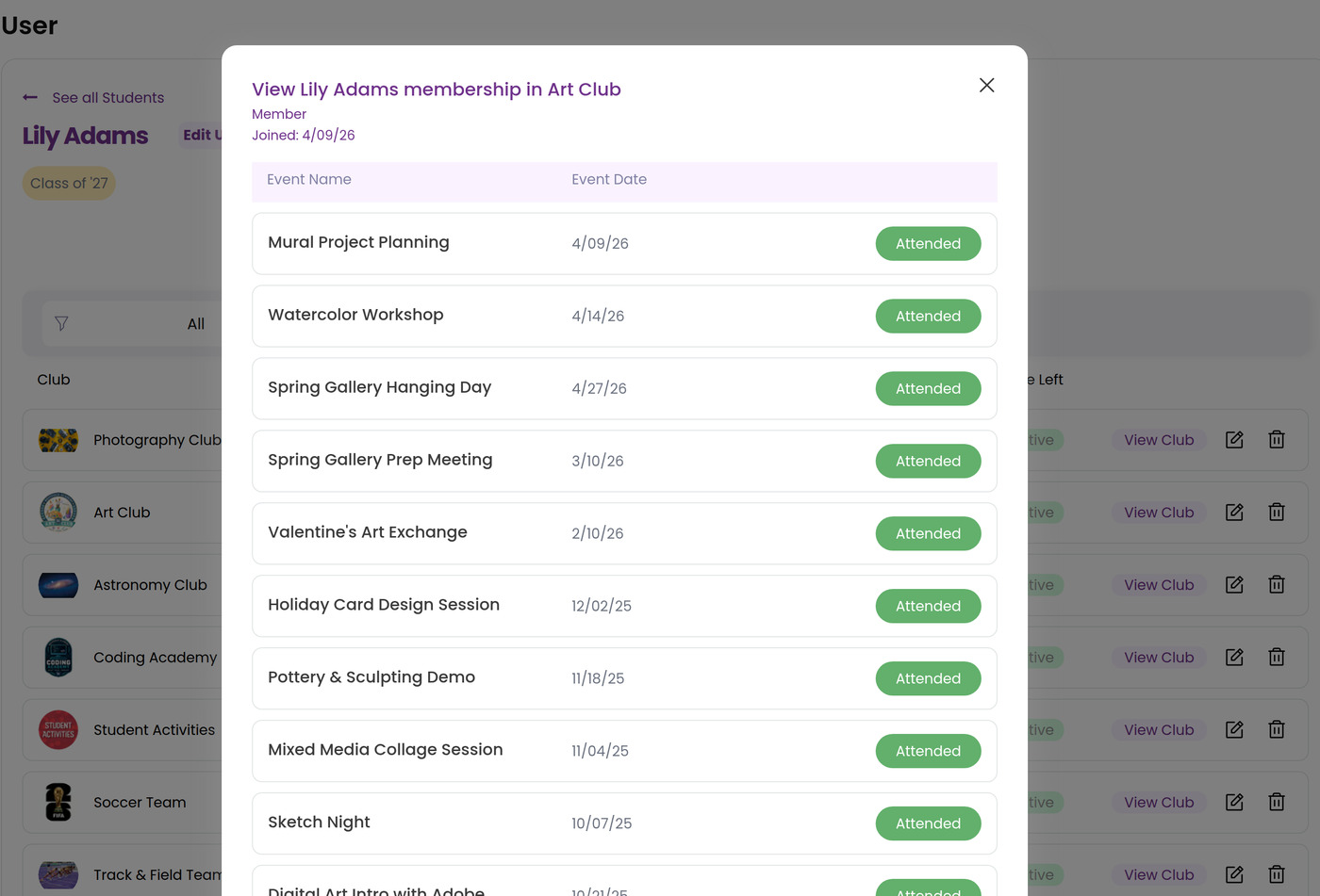 Club-specific meeting history for one student membership