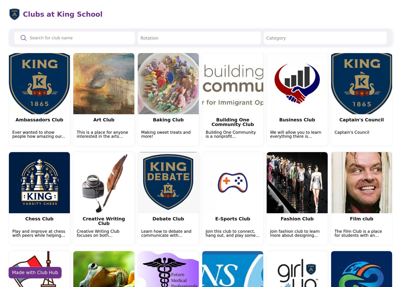 Public club page showing every club at the school