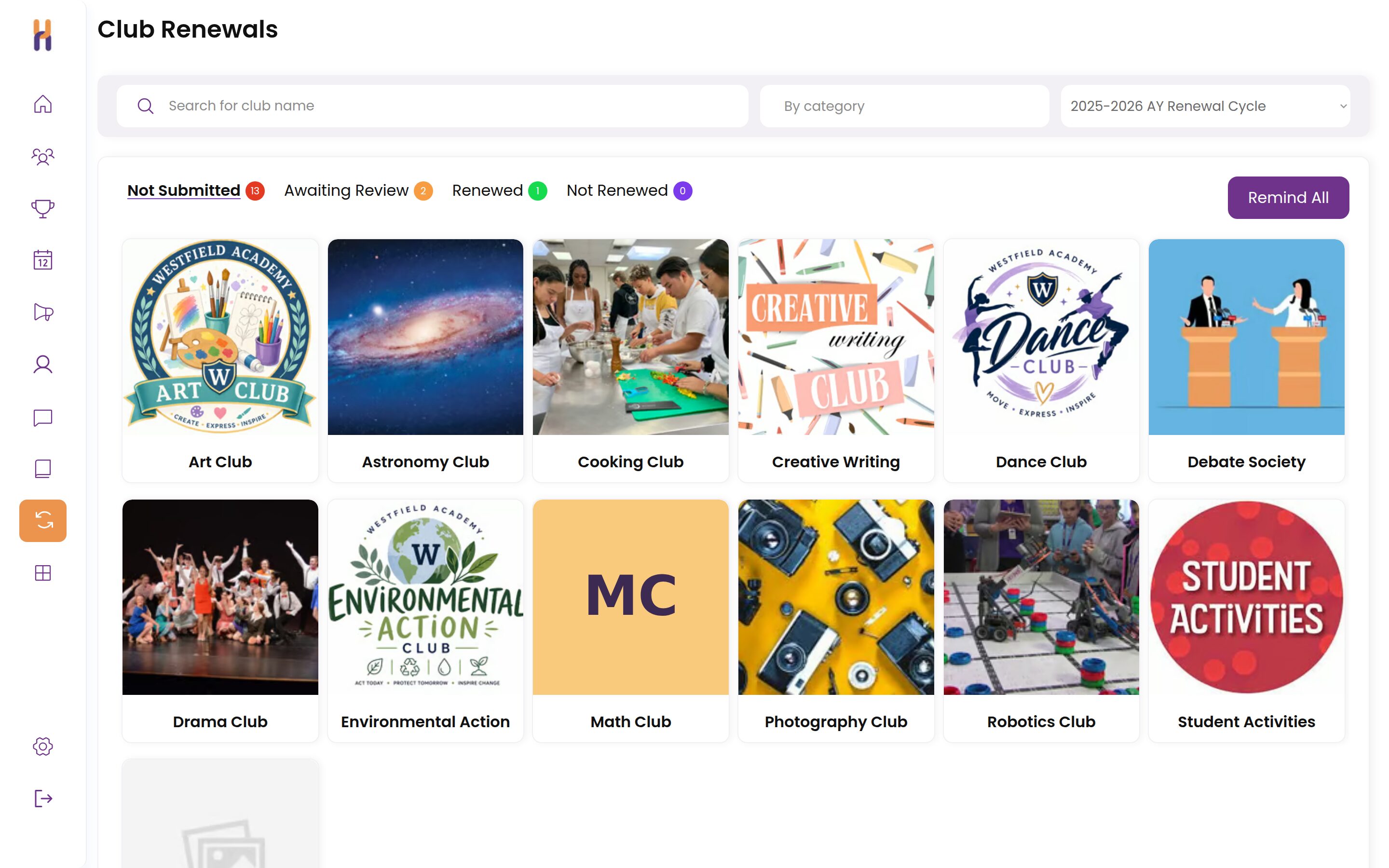 Club renewals admin dashboard