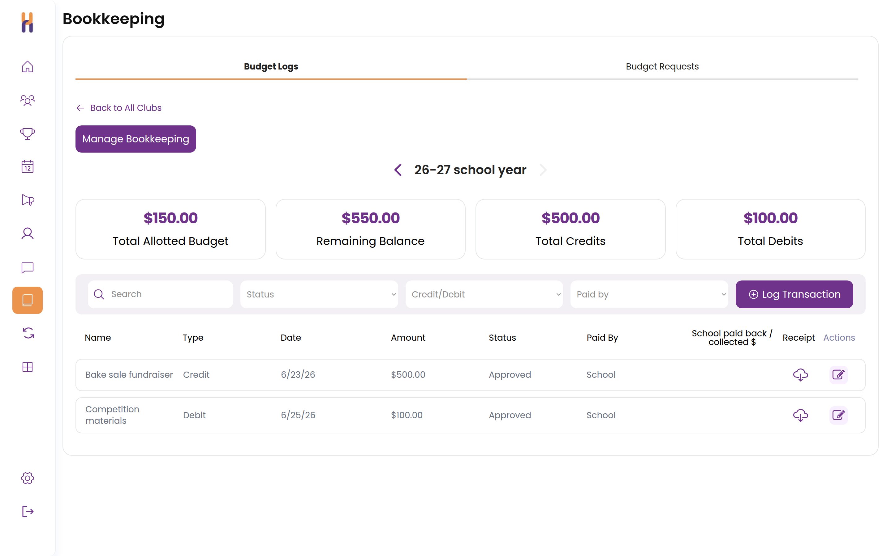 A club's transaction ledger