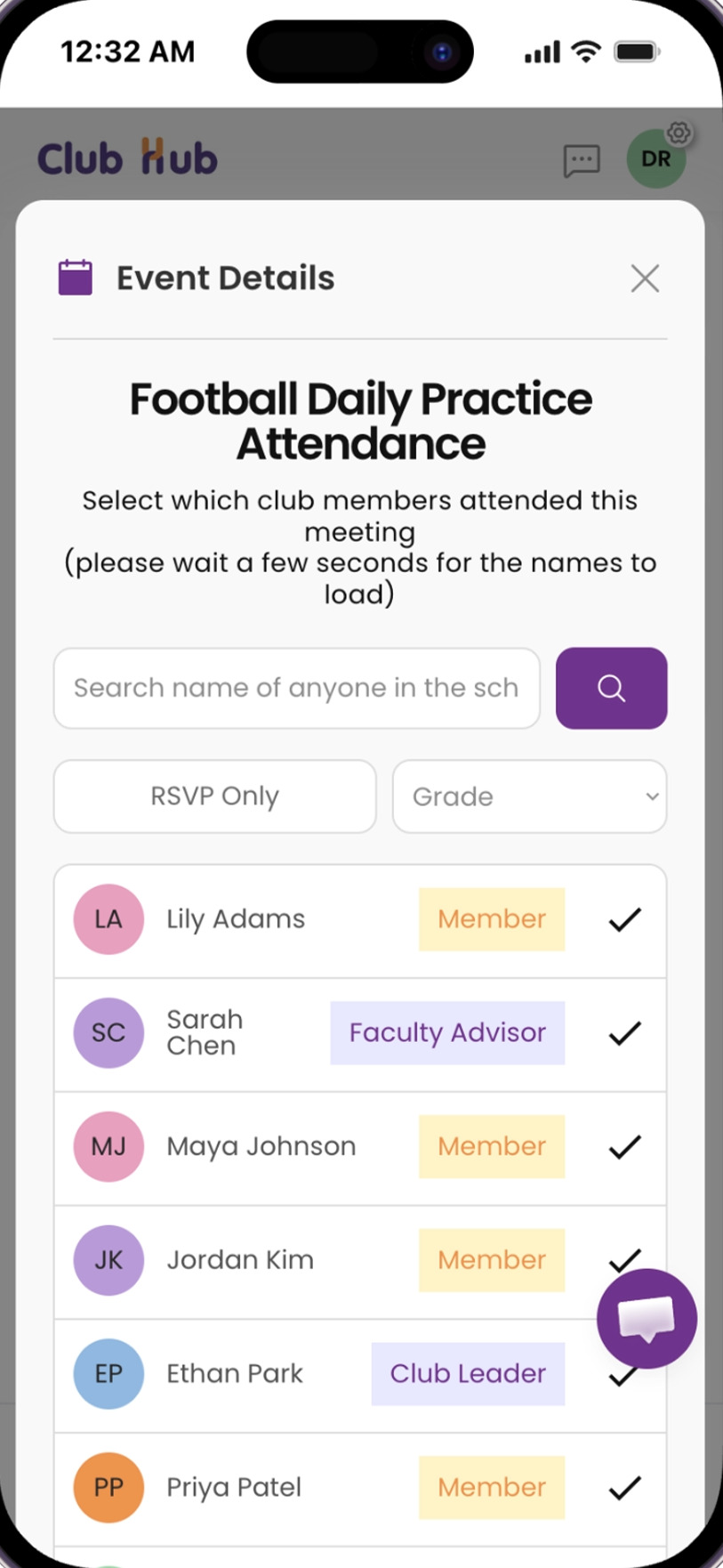 Manual attendance check-off on a phone