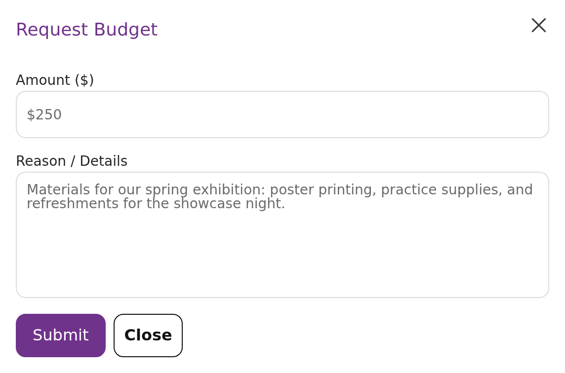 A club leader requesting a budget in Club Hub