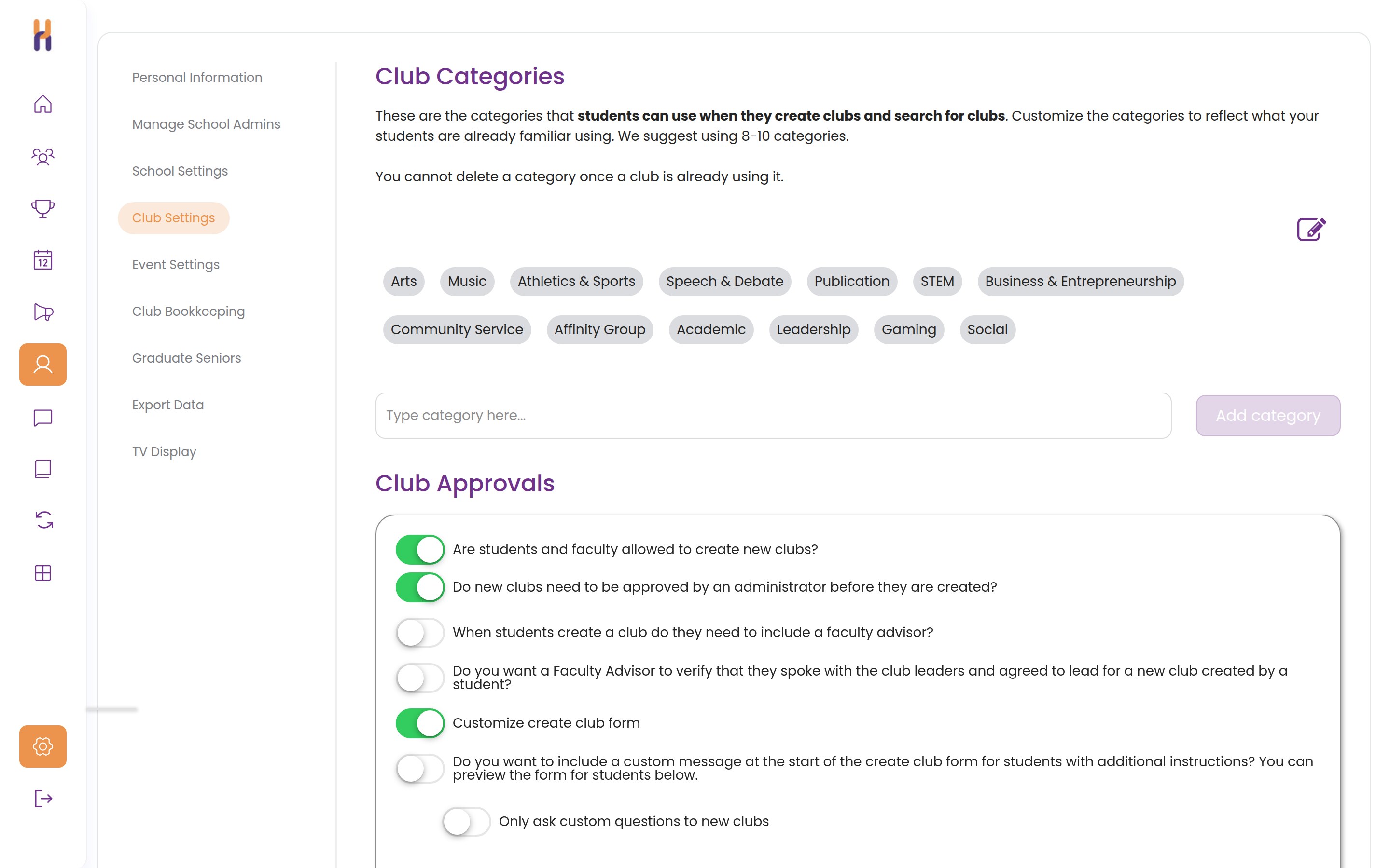Club categories and club approval settings