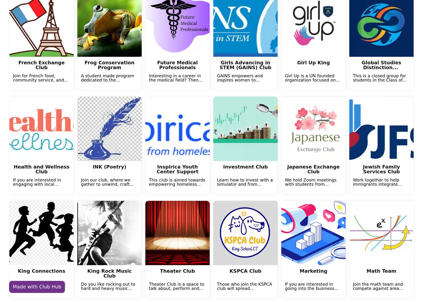 Public club page grid with every club at the school