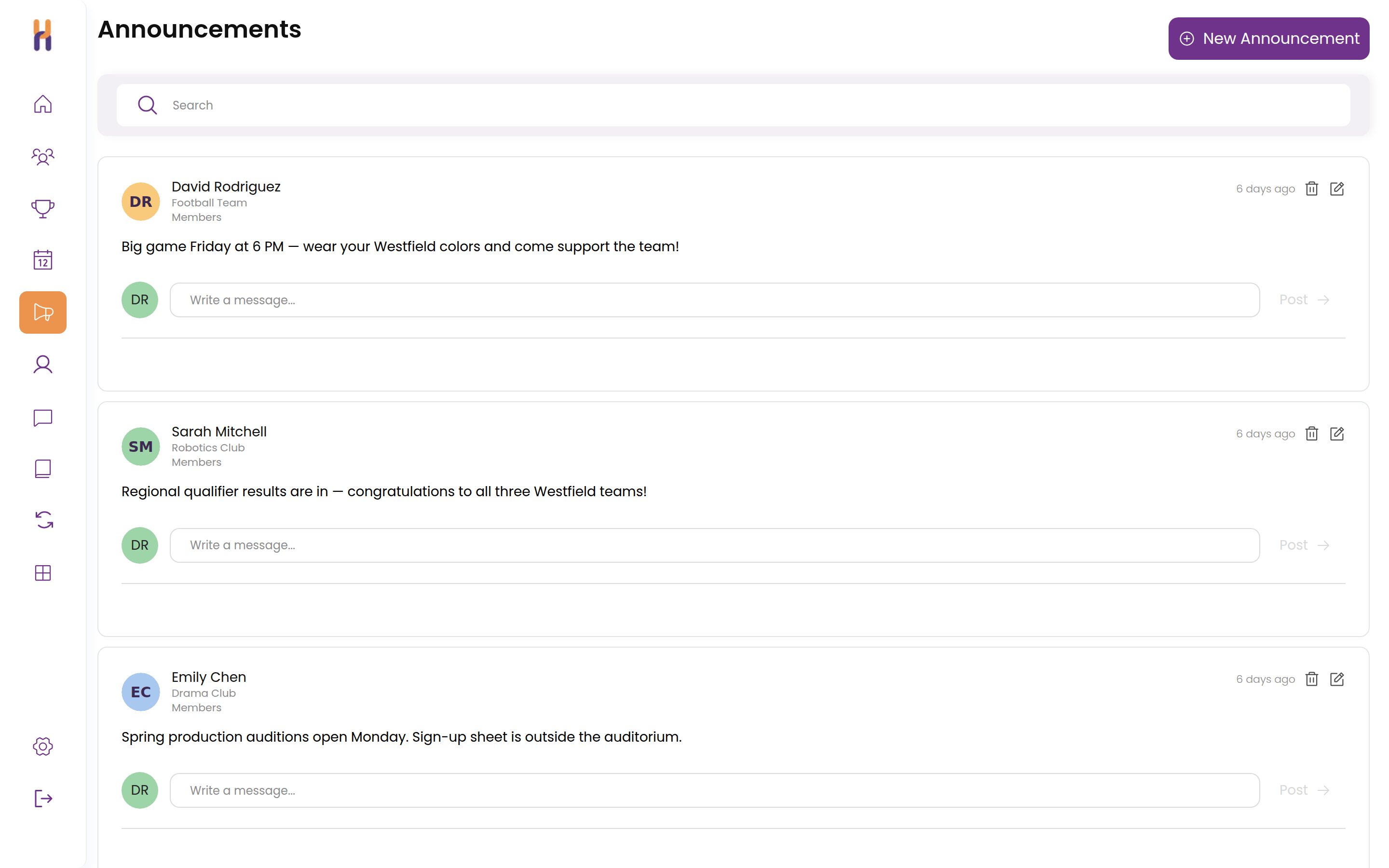 Club Hub announcements with admin oversight