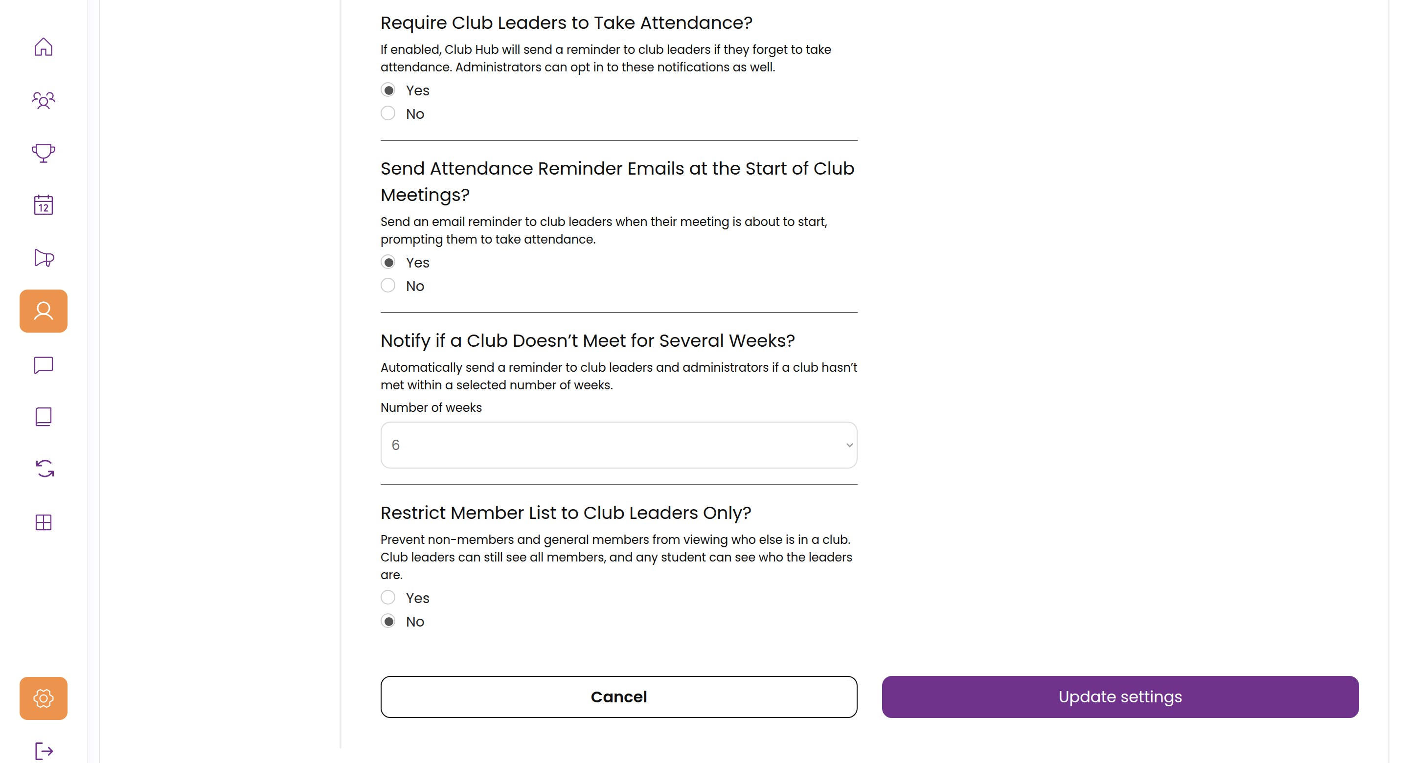 Automation settings for attendance reminders and inactive club warnings