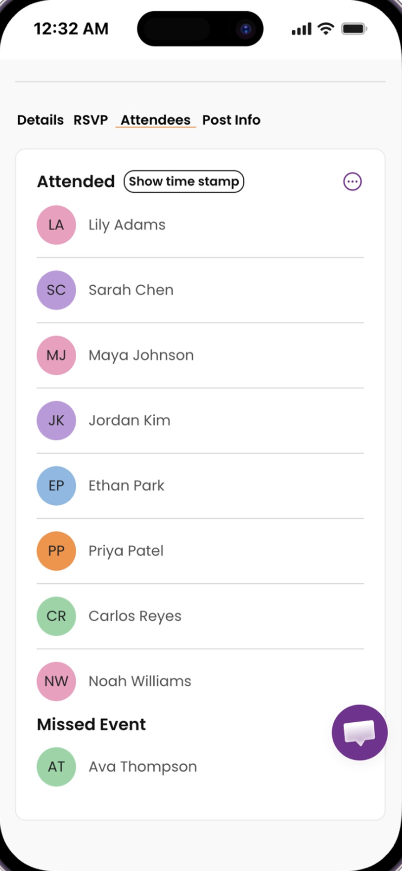 Attendance history showing who missed the event