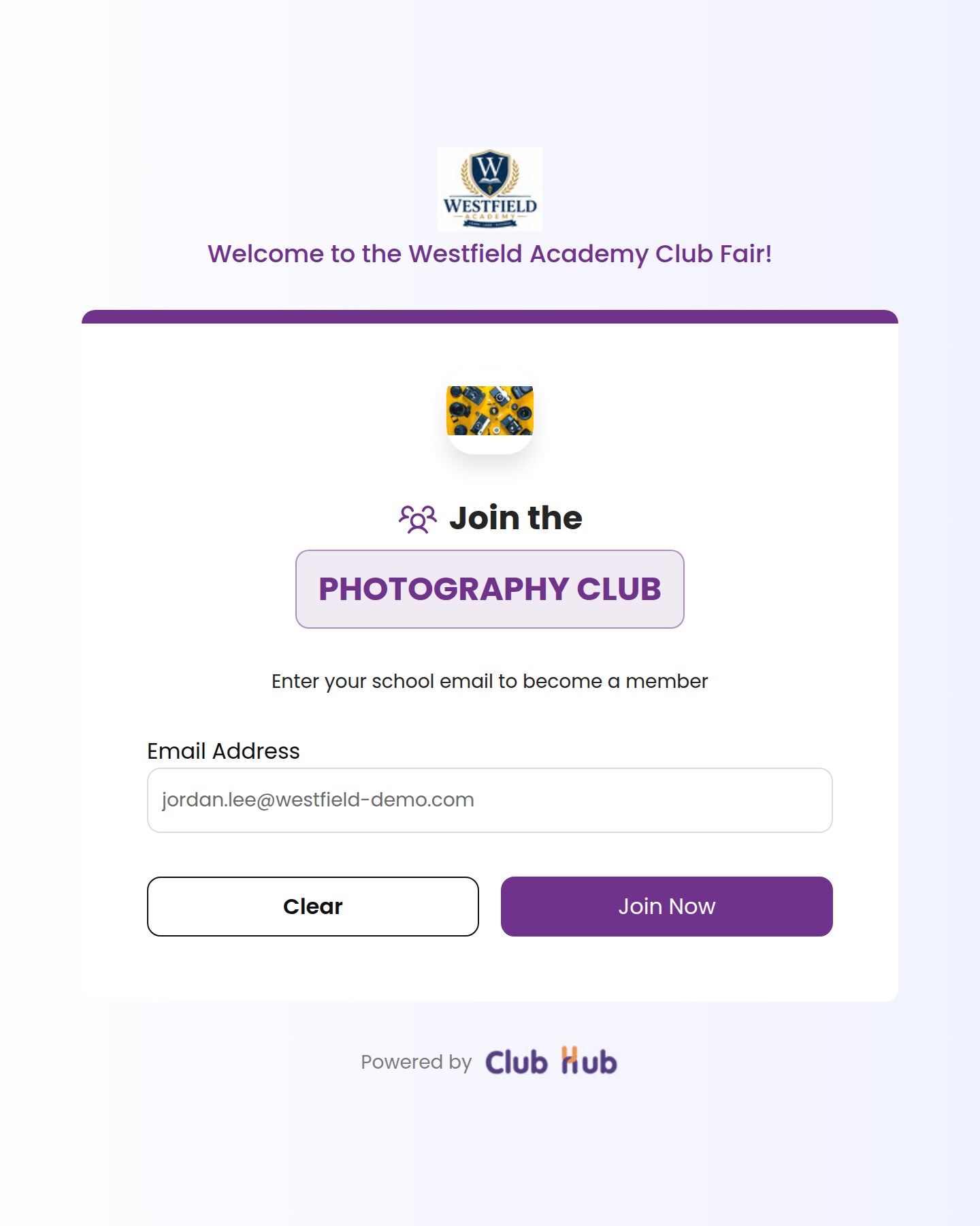 Club fair kiosk mode: a student joins the Photography Club with just a school email