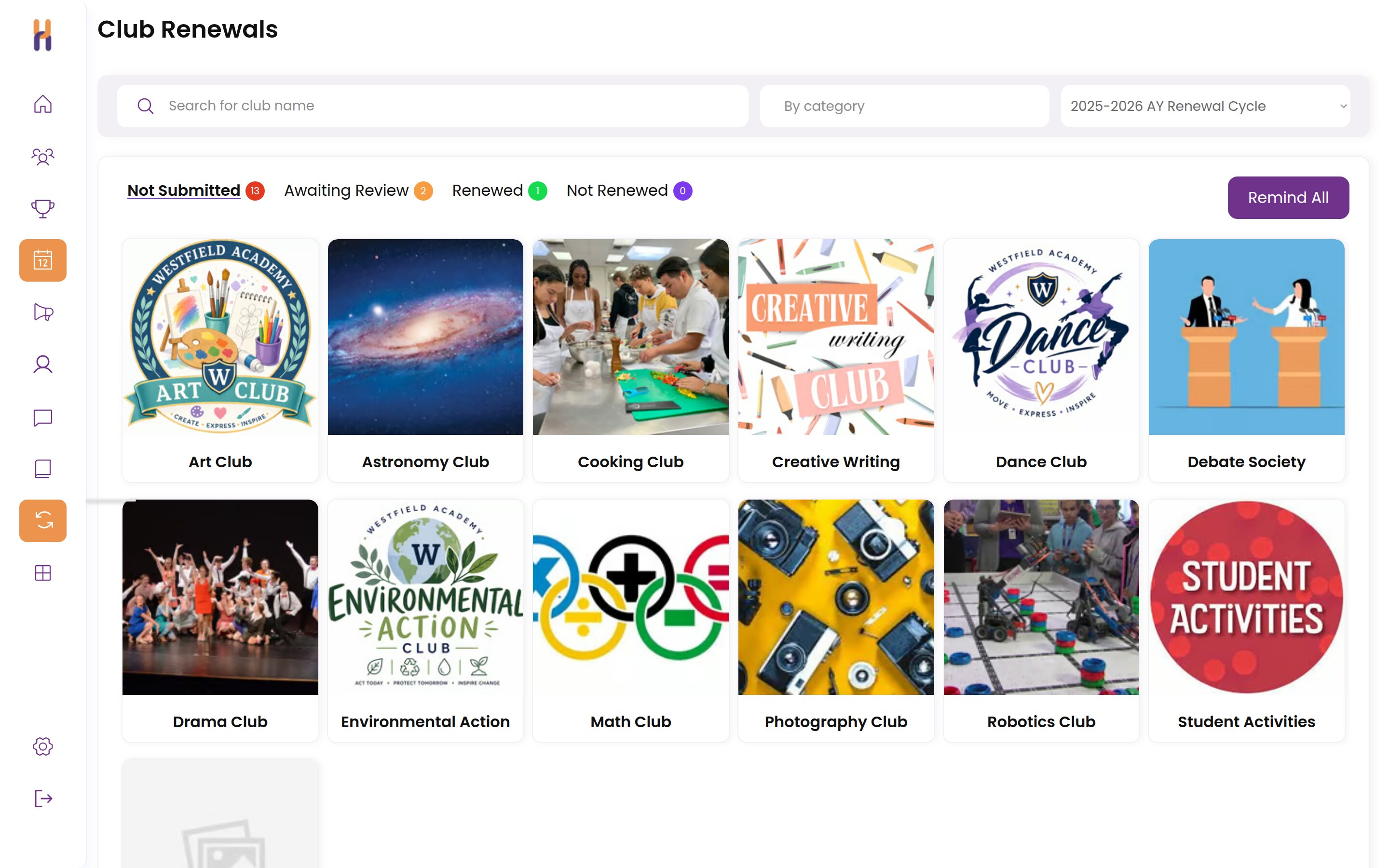 Club renewals dashboard with a status for every club