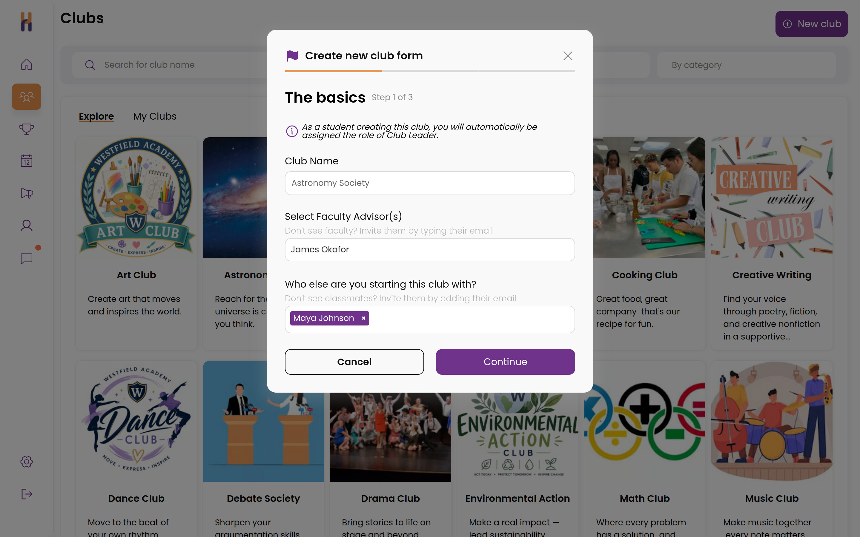The club create form where a student proposes a new club