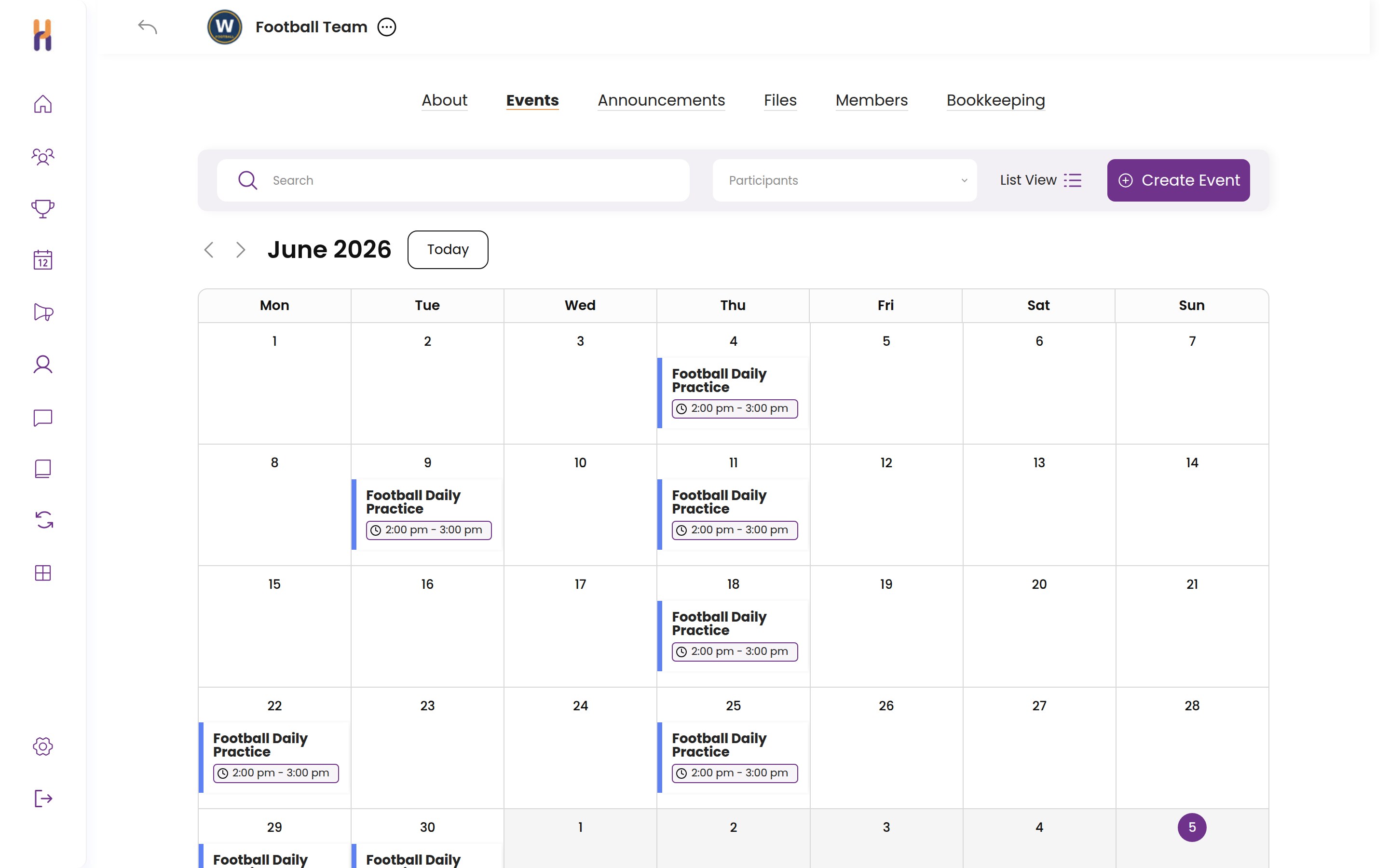 Team calendar showing daily practices for the month