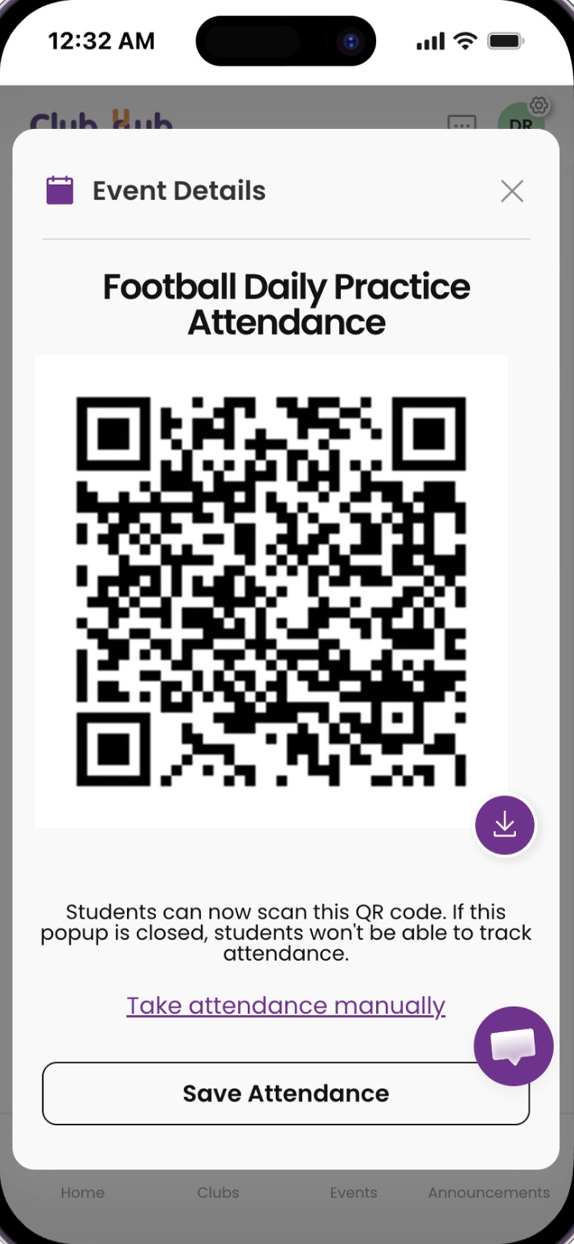 QR code attendance on a phone