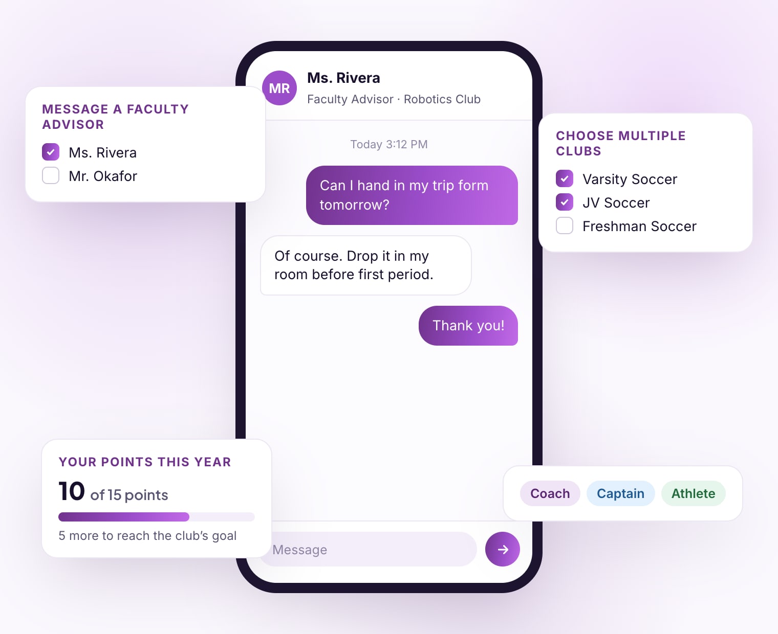 A student’s chat with their faculty advisor in Club Hub, with the new advisor picker, several-clubs picker, points goal, and team roles around it
